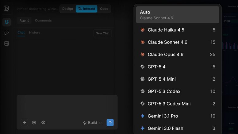 Builder.io's model selector dropdown showing multiple AI models to choose from — Claude Haiku 4.5, Sonnet 4.6, Opus 4.6, GPT-5.4, Codex, and Gemini — with an Auto mode and per-model credit costs, letting teams pick the right model for each task.