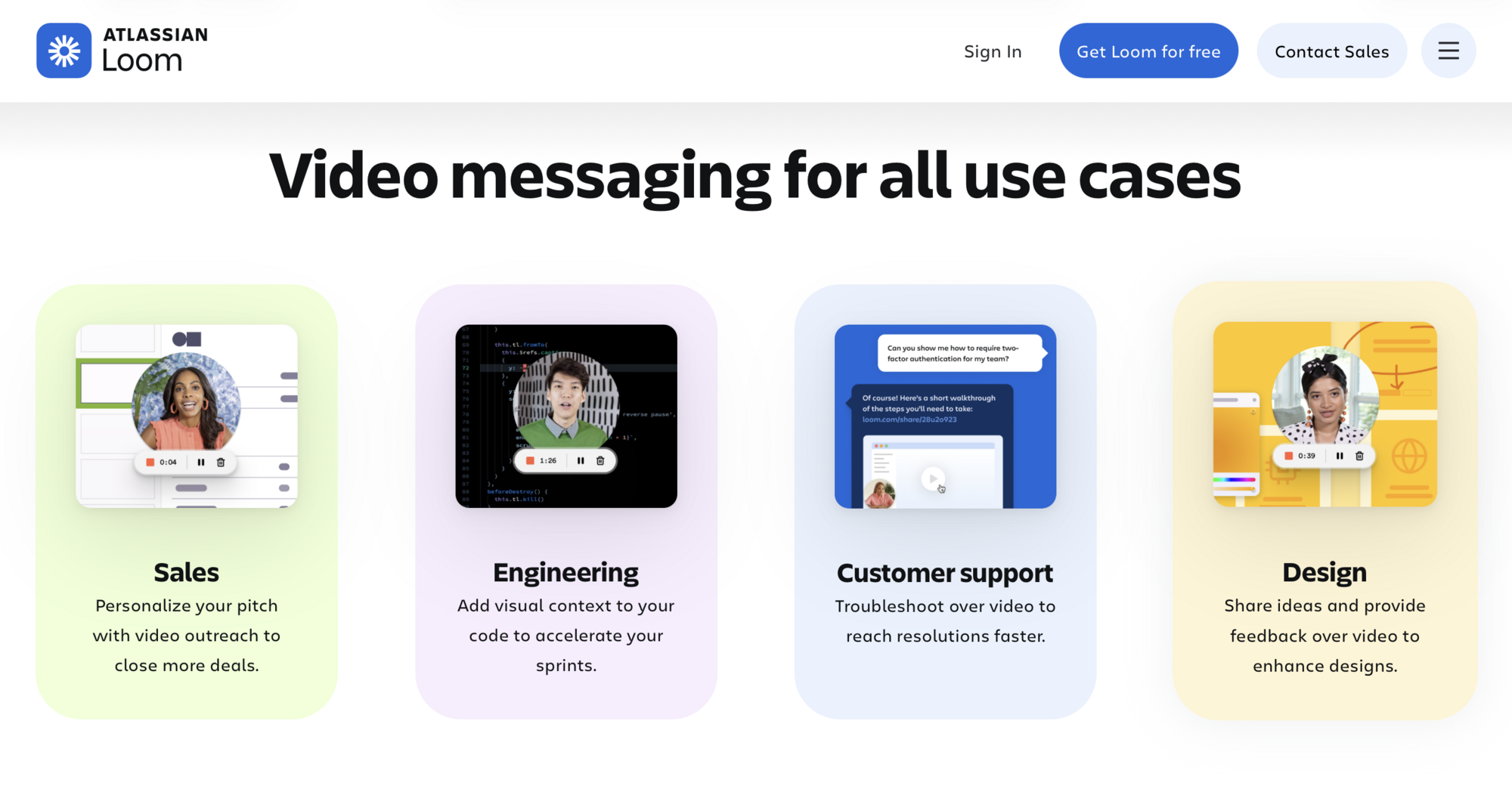 Loom promotional graphic showing four distinct use cases: a salesperson, a developer recording code, a support team member sending a video link, and a designer sharing feedback, each with a brief description and illustration.