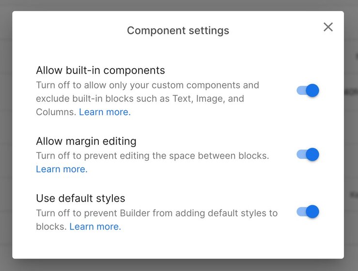 Image of toggles for Allow built-in settings, Allow margin editing, and Use default styles.