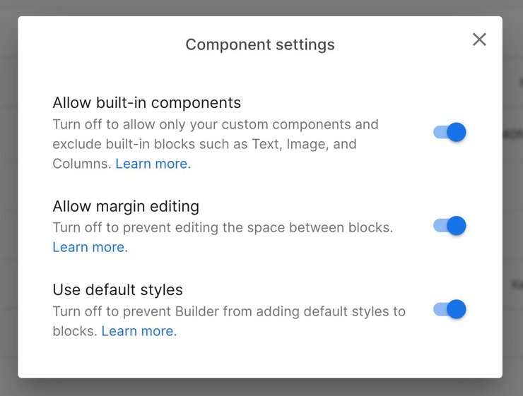 Image of toggles for Allow built-in settings, Allow margin editing, and Use default styles.