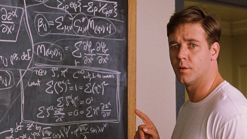 An image of Russel Crow from the movie Beautiful Minds next to a chalk board looking confused.