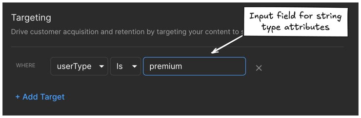 Screenshot of the Targeting Editor in the Visual Editor, displaying the `userType` attribute set to "premium" as the targeting condition of type String, within the input field for string-type attributes.