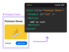 Image of a product card and a code snippet that correspond to one another.