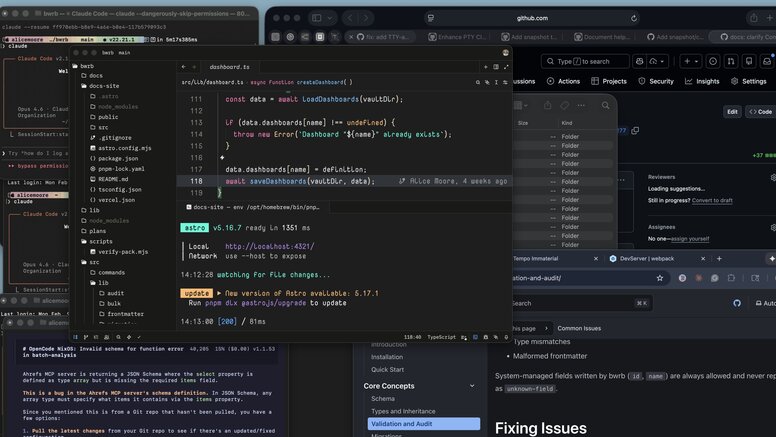 Collage of a cluttered developer workspace with many overlapping terminal windows, code editors, and browser tabs (including GitHub), showing lots of artifacts open at once.