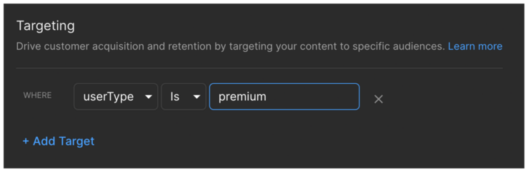 Screenshot of the Targeting Editor in the Visual Editor, displaying the `userType` attribute set to "premium" as the targeting condition of type String, within the input field for string-type attributes.