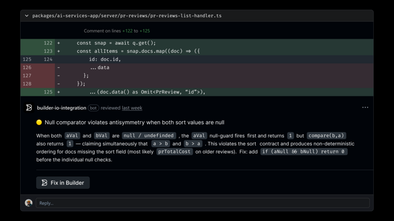 A GitHub pull request comment showing a code diff and a bot-generated suggestion to fix a null comparator issue in a TypeScript file.