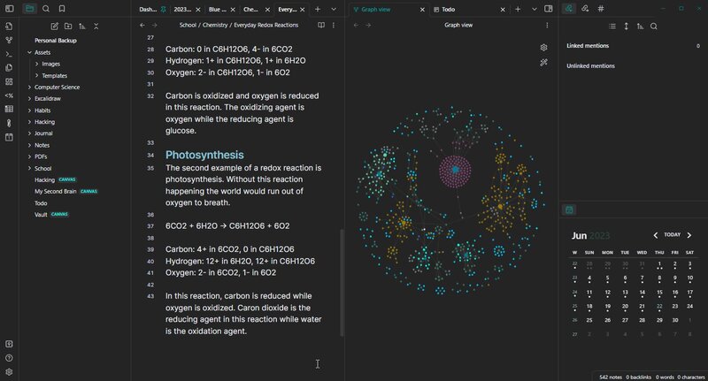 Obsidian desktop vault with notes, graph view, and plugins