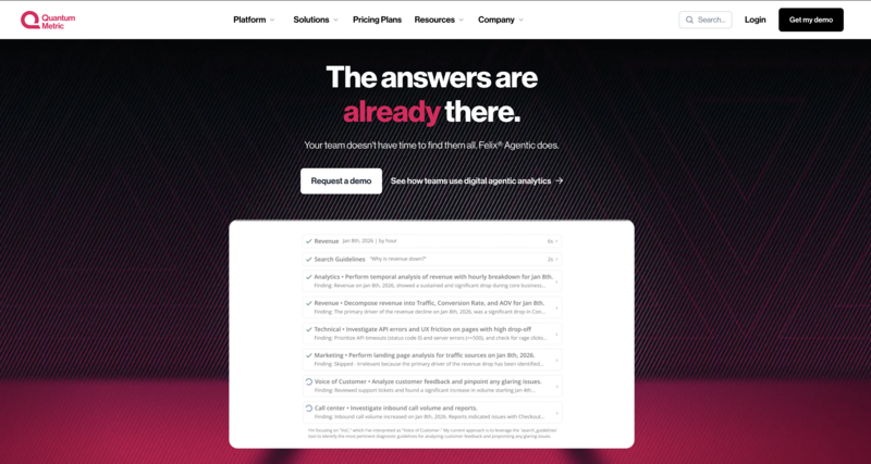 Quantum Metric dashboard displaying a list of diagnostic findings for revenue analysis, including broken-down metrics for traffic, conversion, and specific technical errors like API timeouts, alongside an AI-driven investigation into customer feedback.