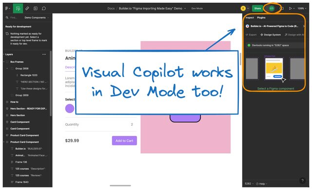 Screenshot of Figma in Dev mode with the Builder Figma plug-in open. There's a note with an arrow, pointing to the Dev mode and plug-in that says Visual Copilot works in Dev mode too.