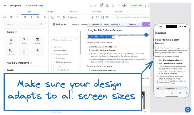 Screenshot of the Visual Editor Mobile Sidecar Preview, which shows the current page on a phone. Use this to do as the note on the image advises, which is, "Make sure your design adapts to all screen sizes".