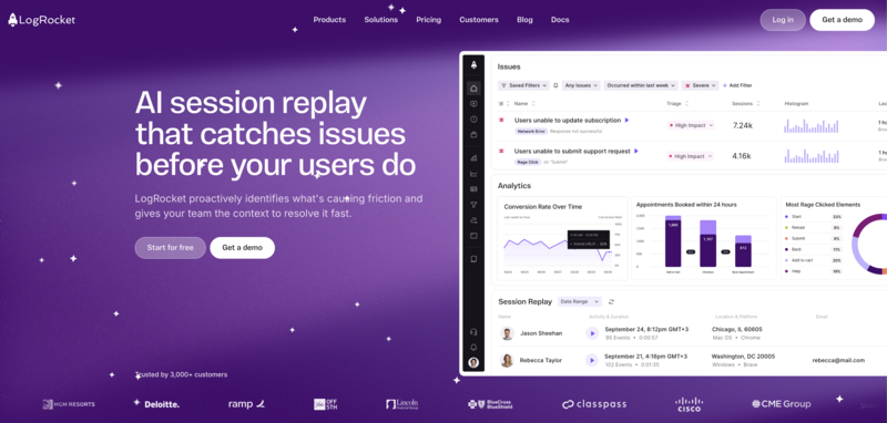 LogRocket dashboard featuring a side navigation menu, an issue list displaying user subscription and support request errors with impact levels, a section for conversion rate and appointment analytics, and a session replay viewer showing activity details for specific users.