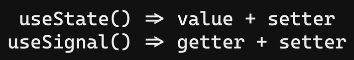 an image of the difference between useState and useSignal. useState ⇒ value + setter, useSignal ⇒ getter + setter