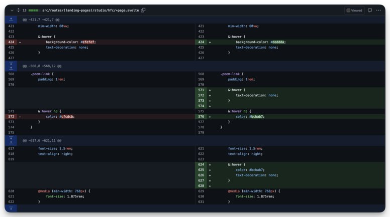 An example of a Git diff of some CSS code. Deletions are highlighted in red on one side, while insertions and replacements are highlighted in green on the other.