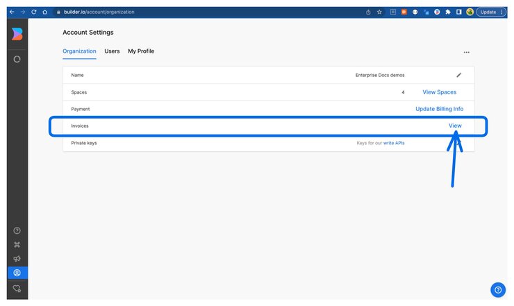 Screenshot of Organization Account Settings with the Invoices area encircled with an arrow pointing at "View".