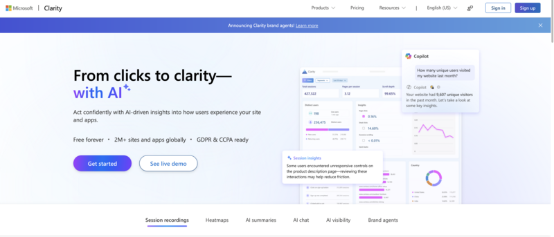 Microsoft Clarity homepage showing the platform's AI-driven insights, session recording, and heatmap dashboard features.