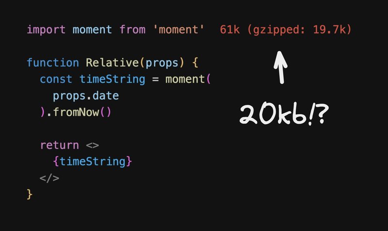Screenshot of an import from 'moment' that it is 19.7kb gzipped