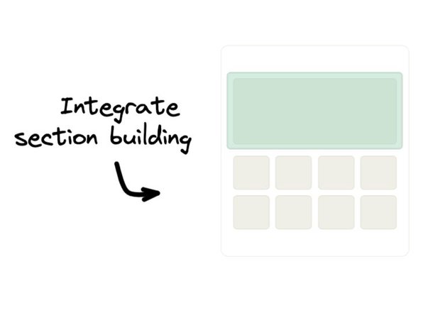 Image of a section highlighted in a wireframe with a note that says "Integrate section building".