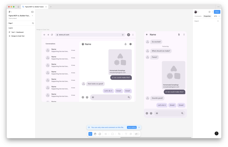 Screenshot of a design in Figma for a chat application. The mockups show both web/tablet and mobile layouts of a conversation where users discuss making "Homemade Dumplings." The interface includes user messages, an image placeholder, and quick reply buttons.