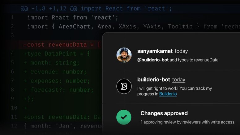 A GitHub pull request showing a code diff where Builder.io Bot added TypeScript types to revenueData, with a teammate requesting the change via a PR comment and a "Changes approved" badge confirming the PR passed review.
