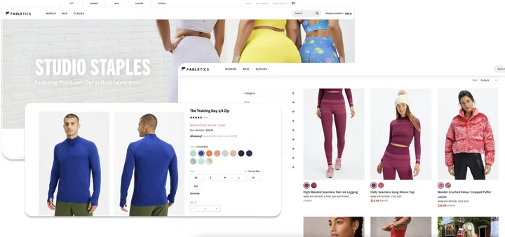 Fabletics storefront pages, including a product detail page and a category listing