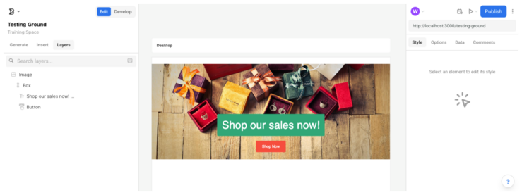 The final design of creating a hero block within the Visual Editor, which includes an image of small boxes of jewelry with the text Shop our sales now on top of it and a button.