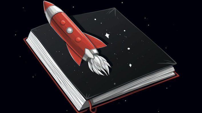 An image of a rocket on a notebook in space.