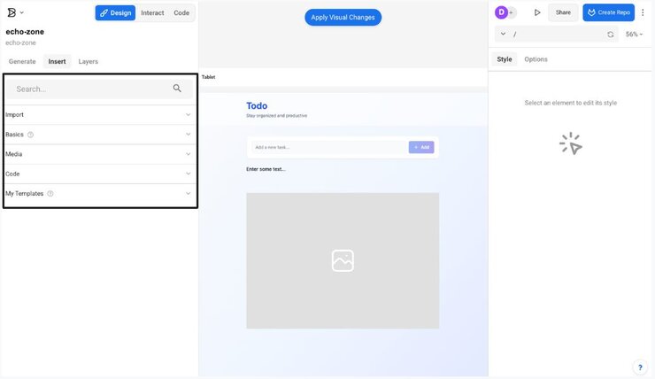 Screenshot of the Visual Editor with the Insert tab open. An outline encircles the categories in the Insert tab—Import, Basics, Media, Code, and My Templates.