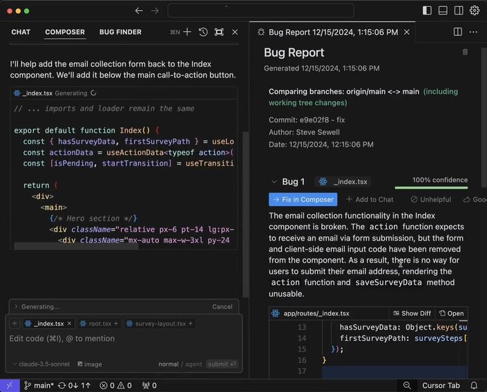 A preview of Cursor's bug finder feature, scanning code on the left and producing a bug report on the right stating that "the email functionality in the index component is broken."