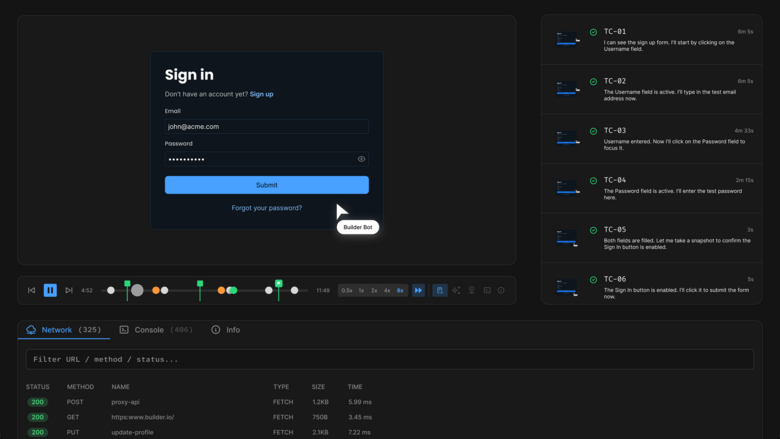 Quality Review Agent interface showing a sign-in form test being performed, with a sidebar listing test steps, a progress timeline, and a network activity panel below.