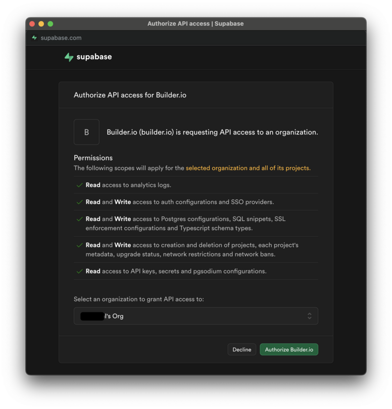 Screenshot of the Supabase API authorization dialog for Builder.io, showing permission scopes for read and write access to organizational Supabase resources required to connect Fusion projects with Supabase backends.