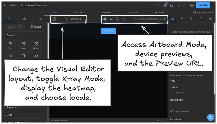 Screenshot of the Visual Editor with the areas pointed out and notes with arrows saying: Change the Visual Editor
layout, toggle X-ray Mode, 
display the heatmap,
and choose locale and another note saying Access Artboard Mode,
device previews,
and the Preview URL.