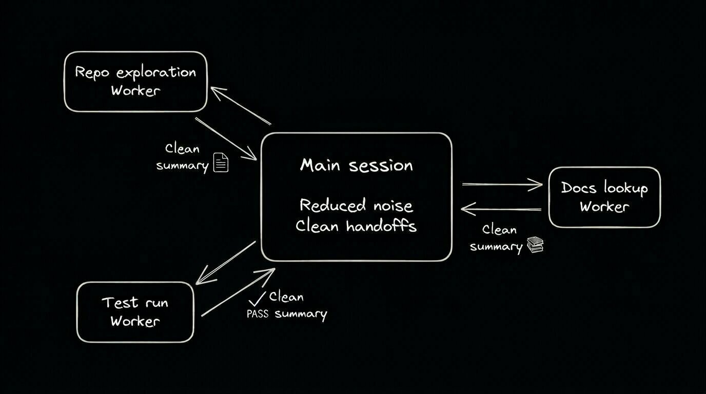 A diagram illustrates how a main Claude Code session delegates tasks to three specialized workers—Repo exploration, Docs lookup, and Test run—each returning a clean, summarized output to reduce noise and simplify the main workspace.