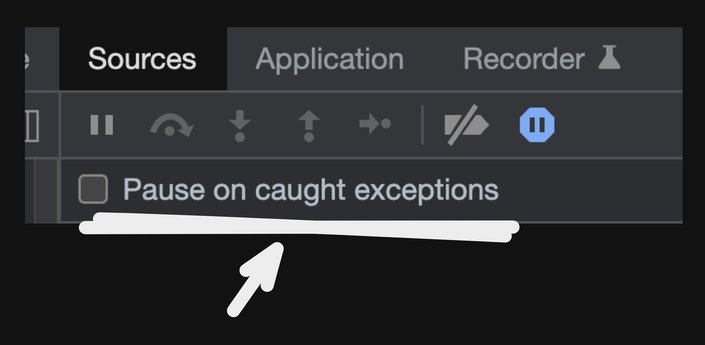 Screenshot of chrome devtools pointing to the button to pause on uncaught exceptions