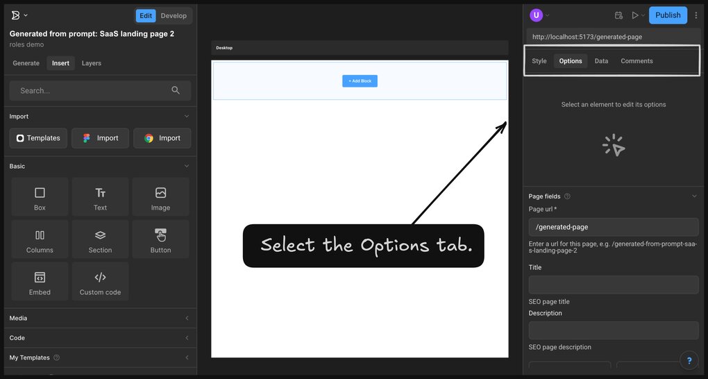 The Options tab is selected in the Visual Editor. A placard reads “Select the Options tab,” and an arrow points to the Options tab.