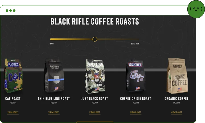 Black Rifle Coffee Roasts storefront page showing a roast-level slider and coffee bags