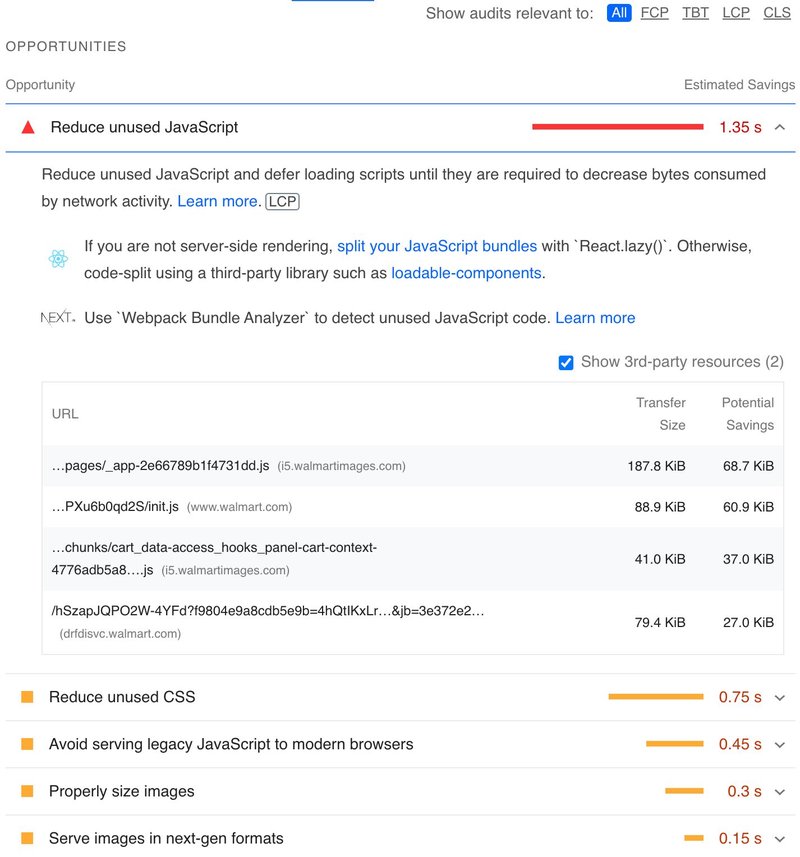 a screenshot from a PageSpeed report showing the "reduce unused javascript" section.