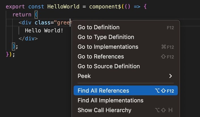 a screenshot from an IDE showing "find all references" option in dropdown menu attempted on a CSS class.
