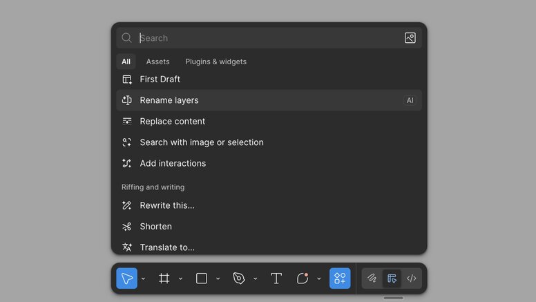 Figma AI features showing design system token suggestions and component generation tools