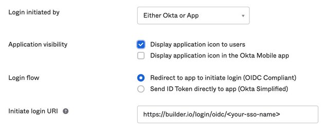 Screenshot of the Okta Login Settings with Display application icon to users checked, Redirect to app to initiate login (OIDC Compliant) selected, and the login URI entered.