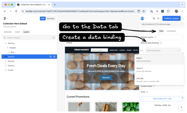 Data Tab showing where to find Show; it is in the second section of the Data Tab, under Element Data Bindings.