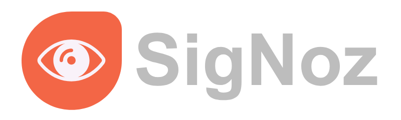SigNoz logo featuring an orange rounded square with a white eye icon next to the gray text SigNoz.