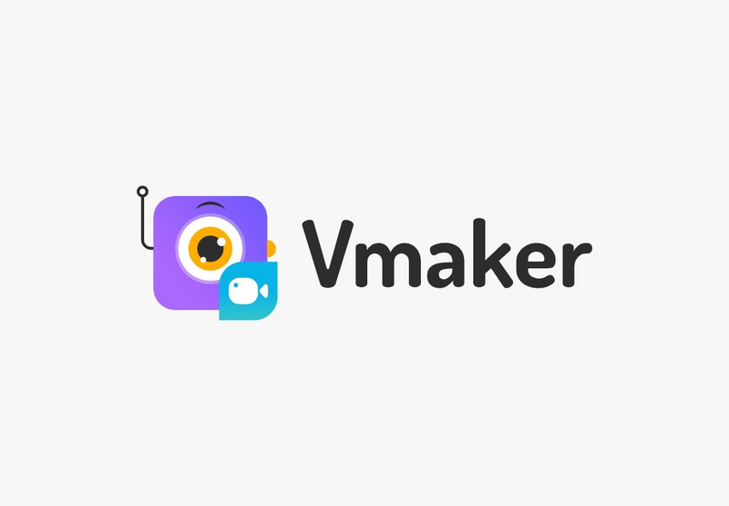 Vmaker logo featuring a purple square app icon with a stylized orange camera lens and a small antenna, overlapping a blue video camera icon, next to the word "Vmaker" in a bold, sans-serif font.