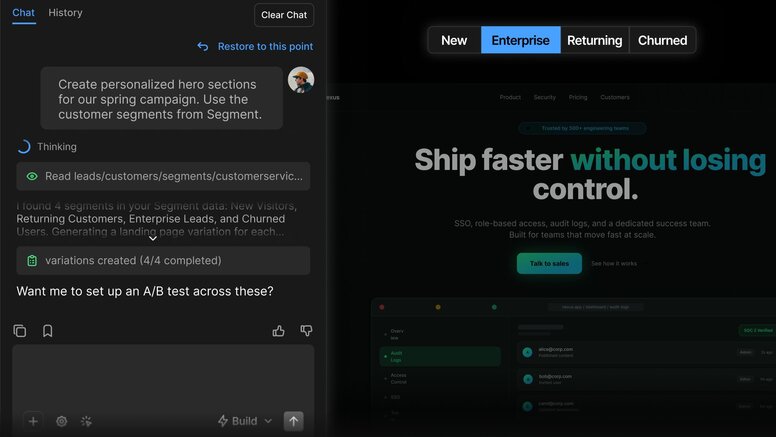 Builder's CMS chat agent generating personalized landing page variations from Segment CDP data — the agent reads four customer segments (New, Enterprise, Returning, Churned), creates a tailored hero section for each, and offers to set up an A/B test across all variations.