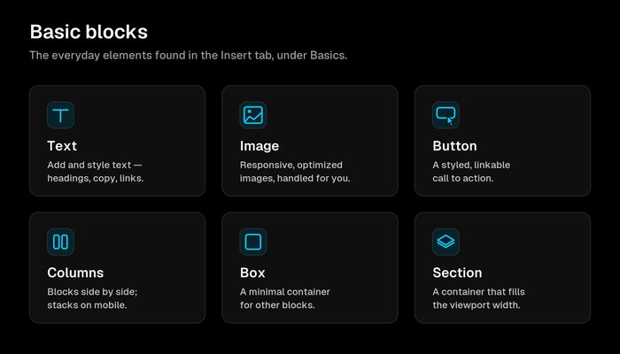 The six basic blocks in Builder: Text, Image, Button, Columns, Box, and Section.