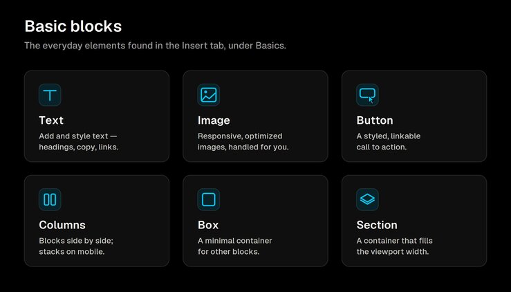 The six basic blocks in Builder: Text, Image, Button, Columns, Box, and Section.