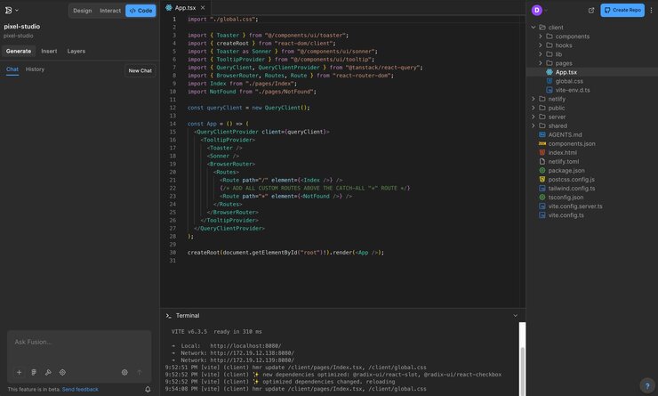 Screenshot of the Visual Editor with the code editor, terminal, and project file browser open.