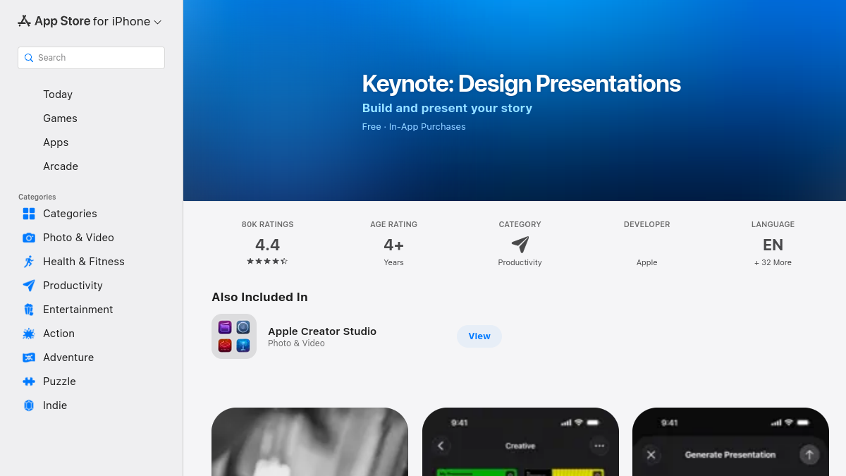 Apple Keynote product page showing the presentation app and example slides