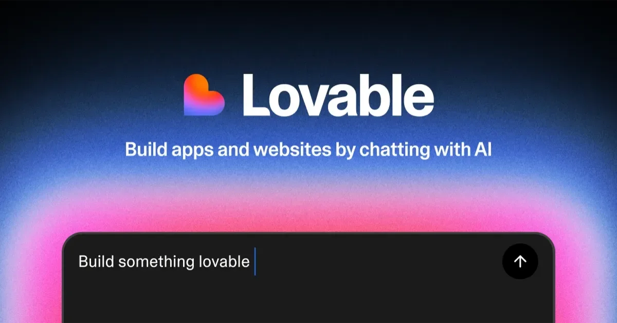 Lovable brand logo featuring a stylized orange and purple heart shape above the company name, centered over a glowing blue and purple gradient background with a text input field at the bottom labeled Build something lovable.