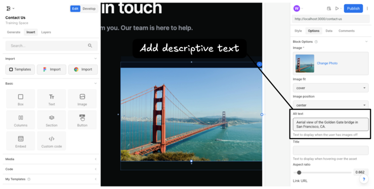 Image of where alt text is in the Image Edit dialogue. A note reads "Alt-text is here" with an arrow pointing to a field labeled alt text where you can enter alt text for the image.