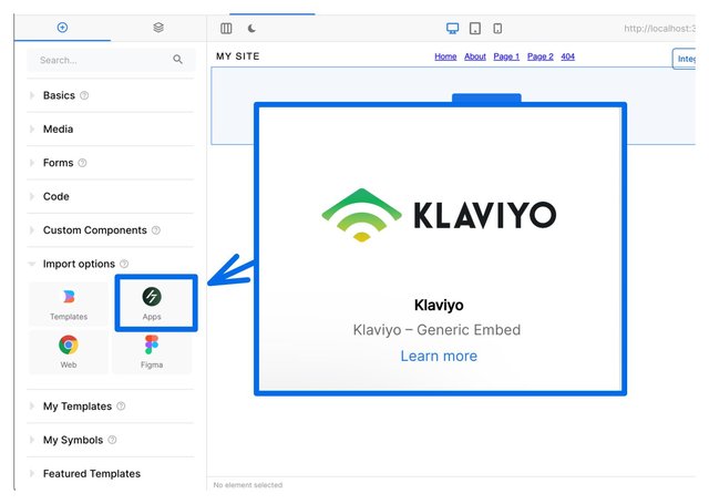 Screenshot showing the Insert tab with the Import options open and an arrow on the Apps icon. Click on the Apps icon to choose the integration. This image shows the Klaviyo Generic Embed tile.